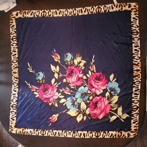 Floral Scarf with Leopard Print Border